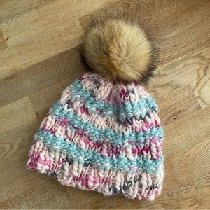 Handmade Knit Adult Merino Wool Hat Toque Beanie with Faux Fox Pom Pom